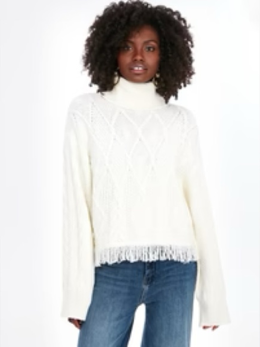Moon River Cream Cable-Knit Turtleneck Sweater with Fringe Hem
